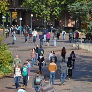 Students walking across campus on sunny day